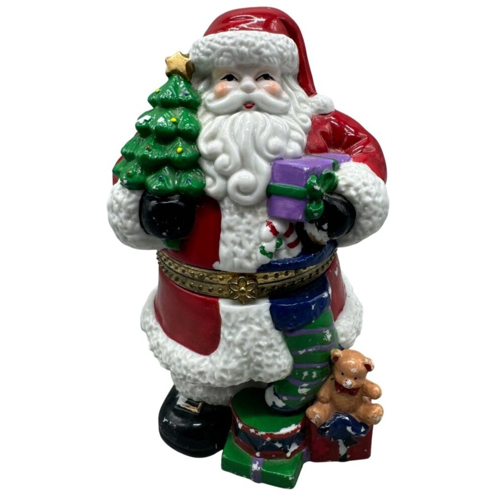 VTG. 1998 Porcelain Christmas Santa Claus 7" Hinged Trinket Box Figurine READ